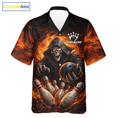 Personalized Skull Hawaiian Bowling Jerseys Custom Black and Orange Bowling Team button up shirt NQS11474