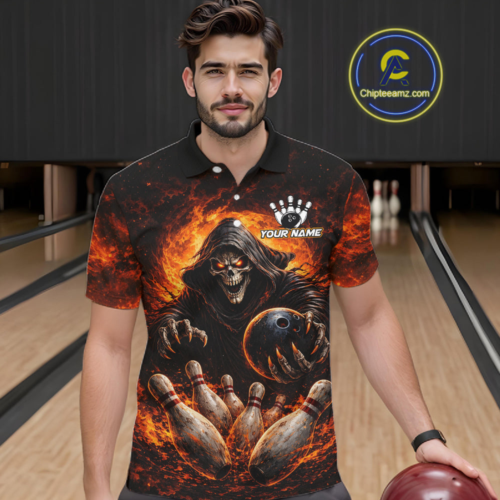 Personalized Skull Bowling Polo, 1/4 zip Jerseys for Men Custom Black and Orange Bowling Team shirts NQS11474