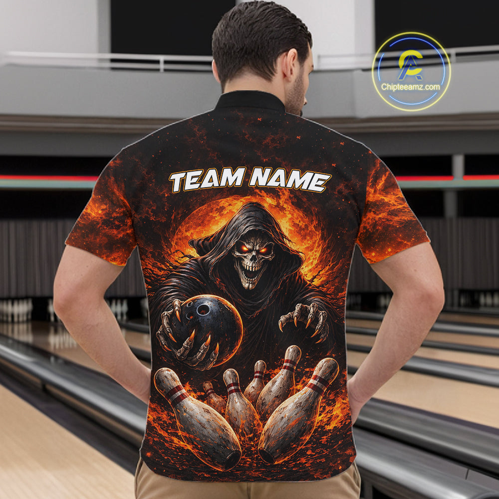 Personalized Skull Bowling Polo, 1/4 zip Jerseys for Men Custom Black and Orange Bowling Team shirts NQS11474