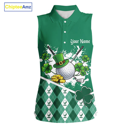 Green argyle pattern St Patrick Sleeveless Golf Polo Golf shirt for Women Custom gifts for the golfer NQS11476