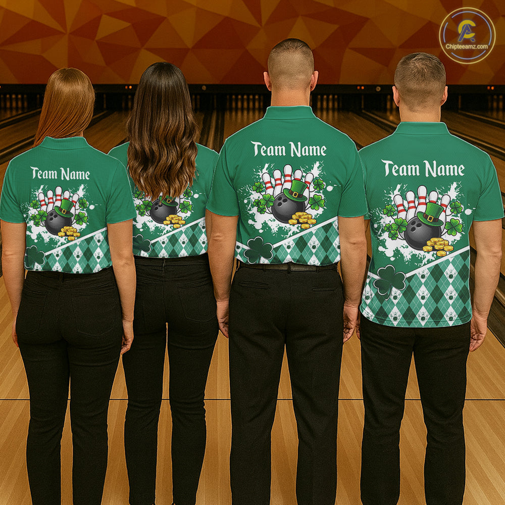 Green argyle pattern St Patrick Bowling Polo, 1/4 zip shirts for Men Custom team bowling jerseys NQS11477