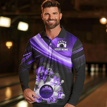 Personalized Black and Purple Smoke Flame Bowling Polo, 1/4 Zip Shirts For Men, cool bowling jerseys NQS9544
