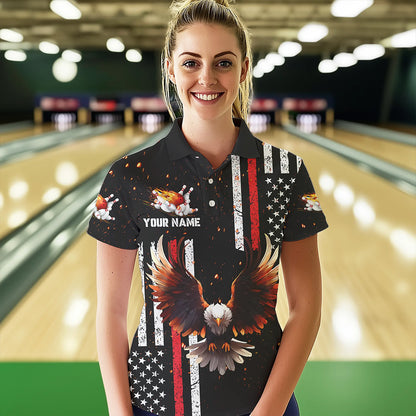 Personalized Black American Flag Flame Eagle Bowling Shirts For Women Custom patriotic bowling jerseys NQS9549