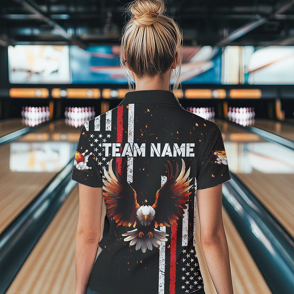 Personalized Black American Flag Flame Eagle Bowling Shirts For Women Custom patriotic bowling jerseys NQS9549