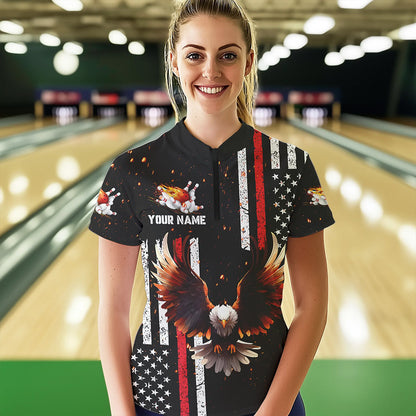 Personalized Black American Flag Flame Eagle Bowling Shirts For Women Custom patriotic bowling jerseys NQS9549