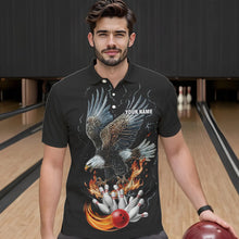 Load image into Gallery viewer, Black Mens Bowling Polo, 1/4 Zip Shirt Custom Flame Eagle Lightning bowling outfit gifts for bowlers NQS9707
