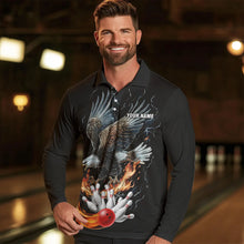 Load image into Gallery viewer, Black Mens Bowling Polo, 1/4 Zip Shirt Custom Flame Eagle Lightning bowling outfit gifts for bowlers NQS9707