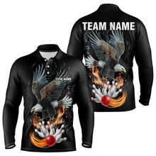 Load image into Gallery viewer, Black Mens Bowling Polo, 1/4 Zip Shirt Custom Flame Eagle Lightning bowling outfit gifts for bowlers NQS9707