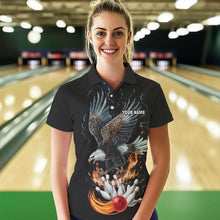 Load image into Gallery viewer, Black Women Bowling Polo, 1/4 Zip Shirt Custom Flame Eagle Lightning bowling outfit gifts for bowlers NQS9707