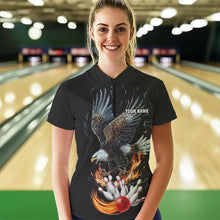 Load image into Gallery viewer, Black Women Bowling Polo, 1/4 Zip Shirt Custom Flame Eagle Lightning bowling outfit gifts for bowlers NQS9707