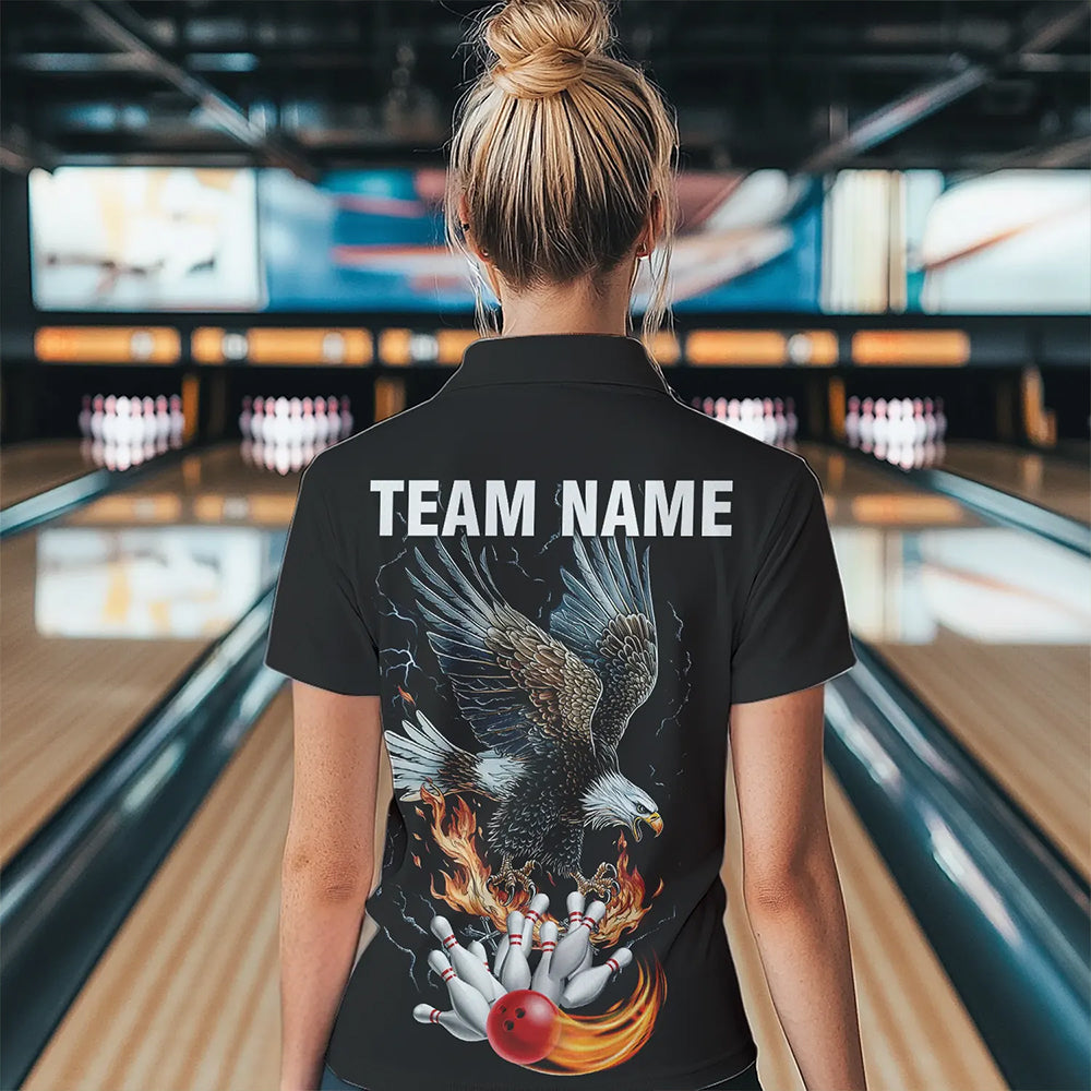 Black Women Bowling Polo, 1/4 Zip Shirt Custom Flame Eagle Lightning bowling outfit gifts for bowlers NQS9707