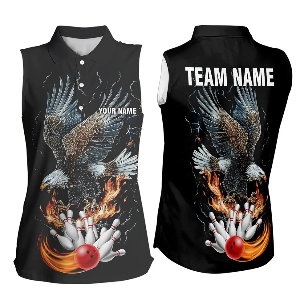 Black Bowling Sleeveless Polo Shirt Custom Flame Eagle Lightning bowling outfit gifts for bowlers NQS9707