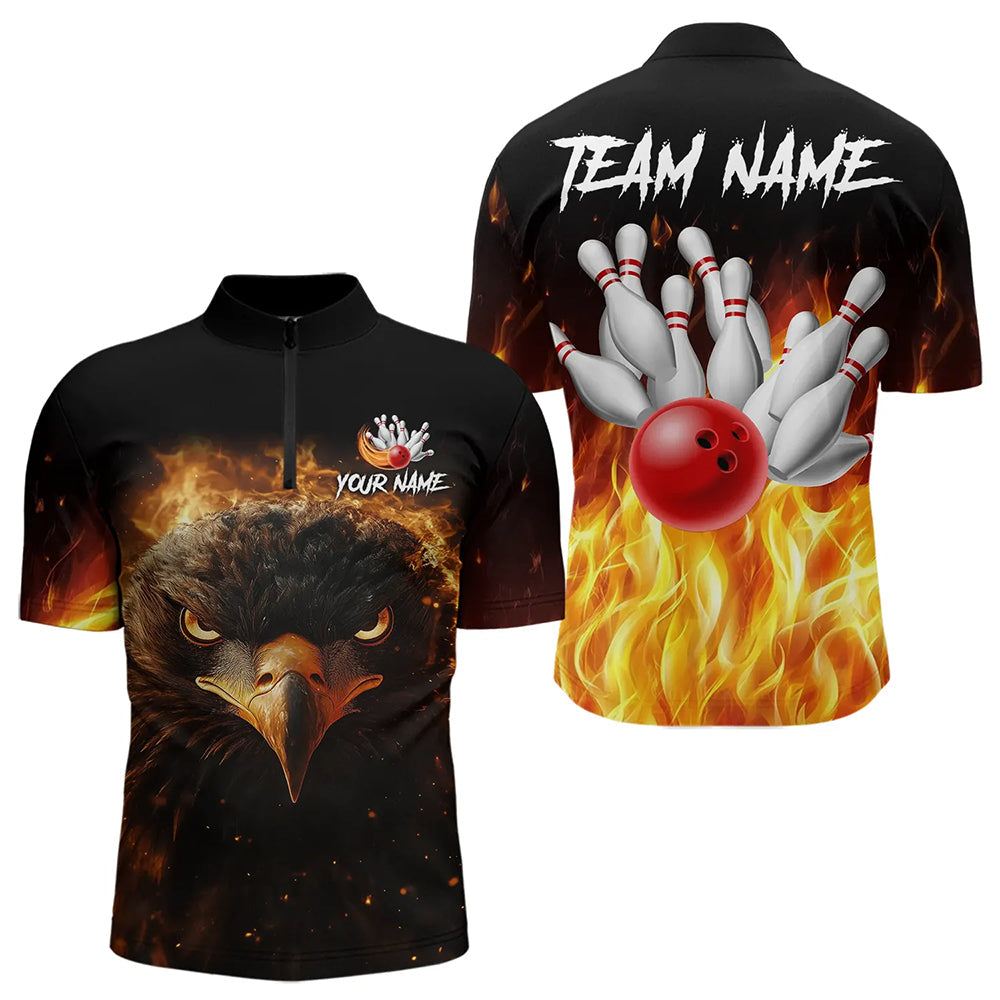 Flame Eagle Mens Bowling Polo, Quarter Zip Shirt Custom team Mens bowling outfit gifts for bowlers NQS9708
