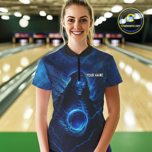 Blue Thunder Lightning Skull Reaper Bowling Shirts For Women Custom Team Bowling Jerseys For Bowlers NQS10679