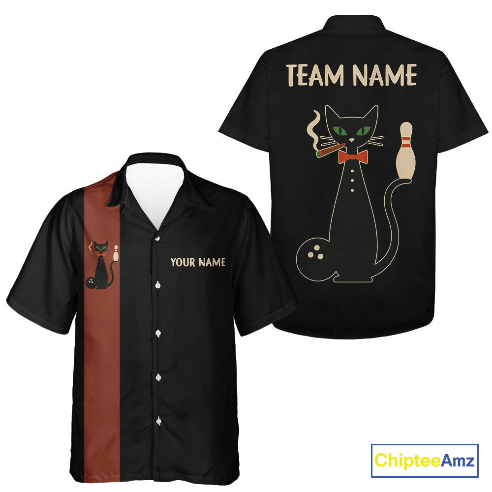 Custom retro bowling Hawaiian shirt Black and Orange Funny Cat Bowling jersey Team Bowling Outfit NQS11073