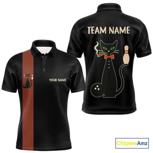 Custom retro bowling shirts Black and Orange Funny Cat Bowling jersey for men Team Bowling Outfit NQS11073