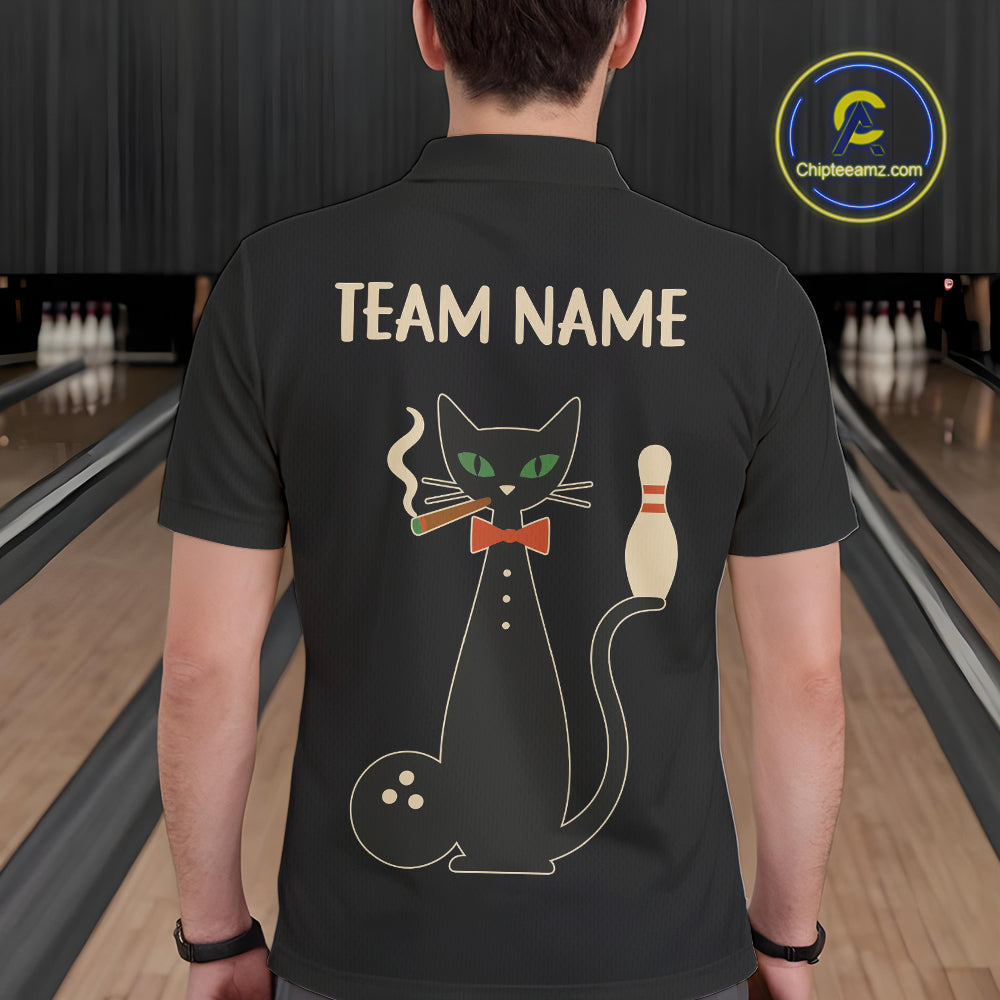 Custom retro bowling shirts Black and Orange Funny Cat Bowling jersey for men Team Bowling Outfit NQS11073