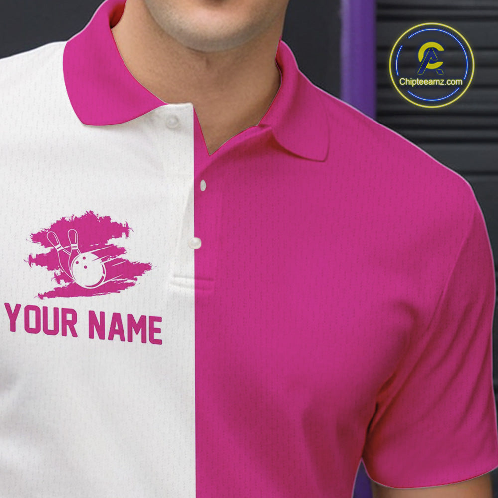 Pink and white Retro Bowling shirts For Men Custom team bowling jerseys gift for Bowlers NQS10147