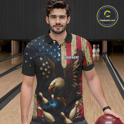 Vintage American Flag Eagle Bowling Shirt For Mens Custom Patriotic Retro Team bowling jerseys NQS10475