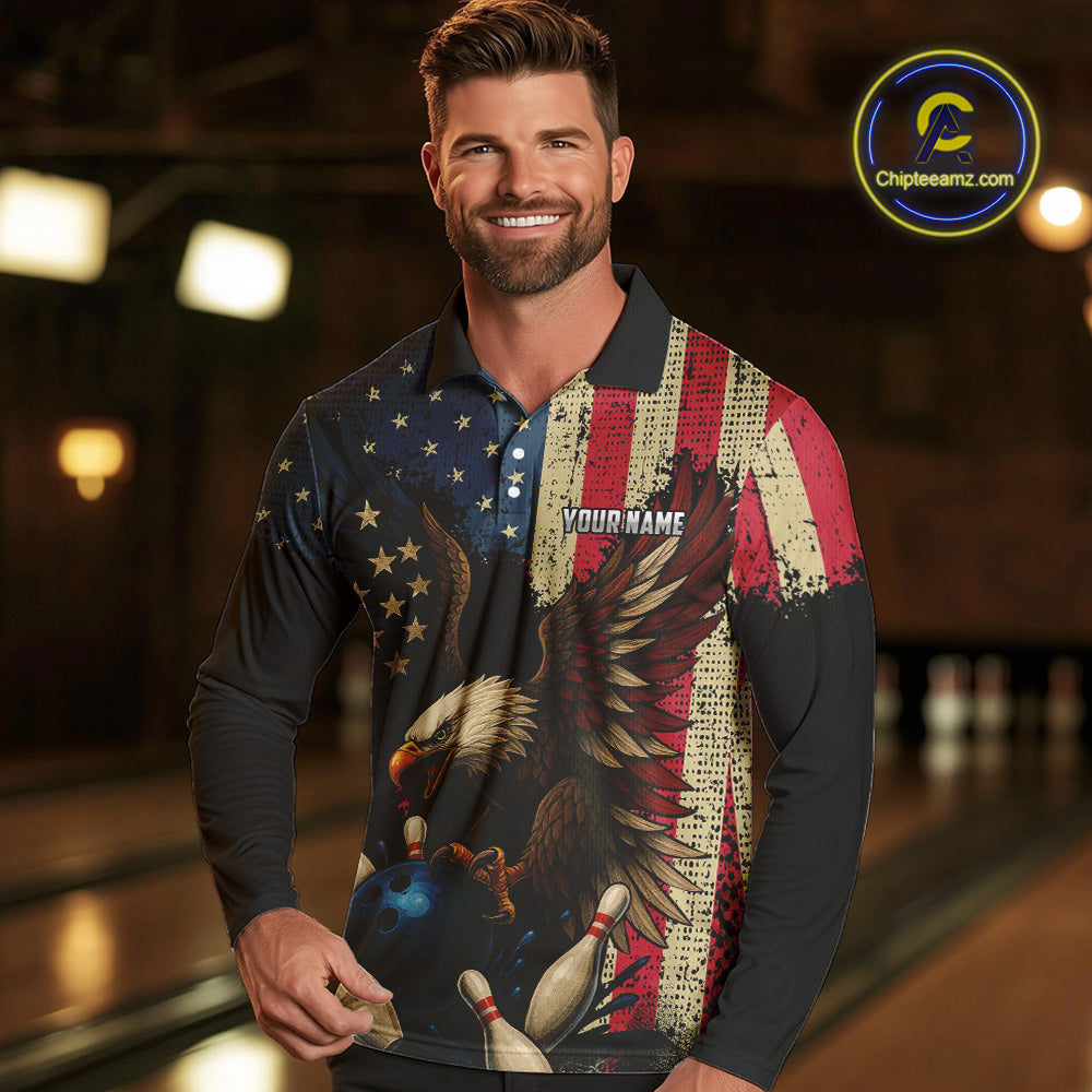 Vintage American Flag Eagle Bowling Shirt For Mens Custom Patriotic Retro Team bowling jerseys NQS10475