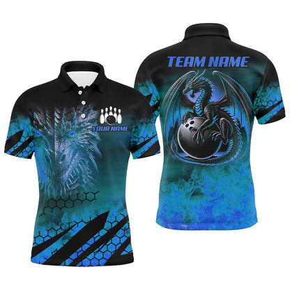 Black And Blue Custom Dragon Flame Bowling Shirts For Men, Dragon Fire Bowling Team Shirts NQS8498