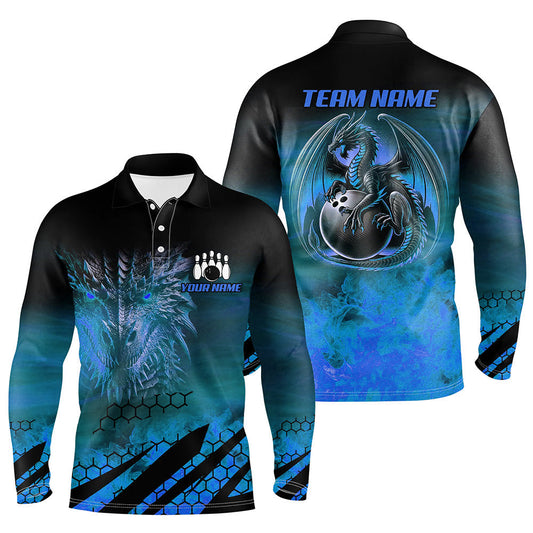 Black And Blue Custom Dragon Flame Bowling Shirts For Men, Dragon Fire Bowling Team Shirts NQS8498
