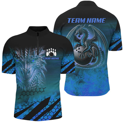 Black And Blue Custom Dragon Flame Bowling Shirts For Men, Dragon Fire Bowling Team Shirts NQS8498