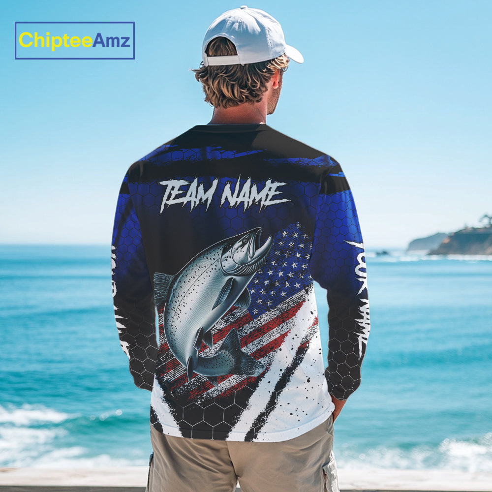 Salmon fishing American Flag Custom patriotic long sleeve team Salmon fishing shirts | Blue NQS10687