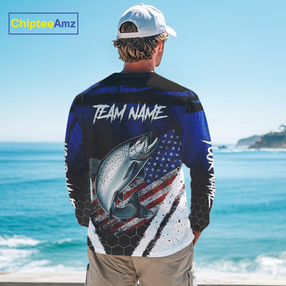 Salmon fishing American Flag Custom patriotic long sleeve team Salmon fishing shirts | Blue NQS10687
