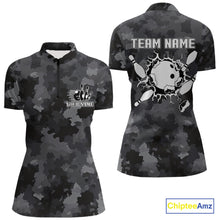 Load image into Gallery viewer, Bowling Polo, Quarter Zip shirts For Women Custom bowling ball &amp; pins black camo Bowling Team Jersey NQS10889