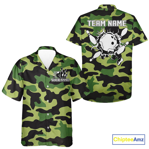 Bowling Hawaiian Shirt Custom bowling ball and pins Green camo Bowling Team Button up shirt NQS10890