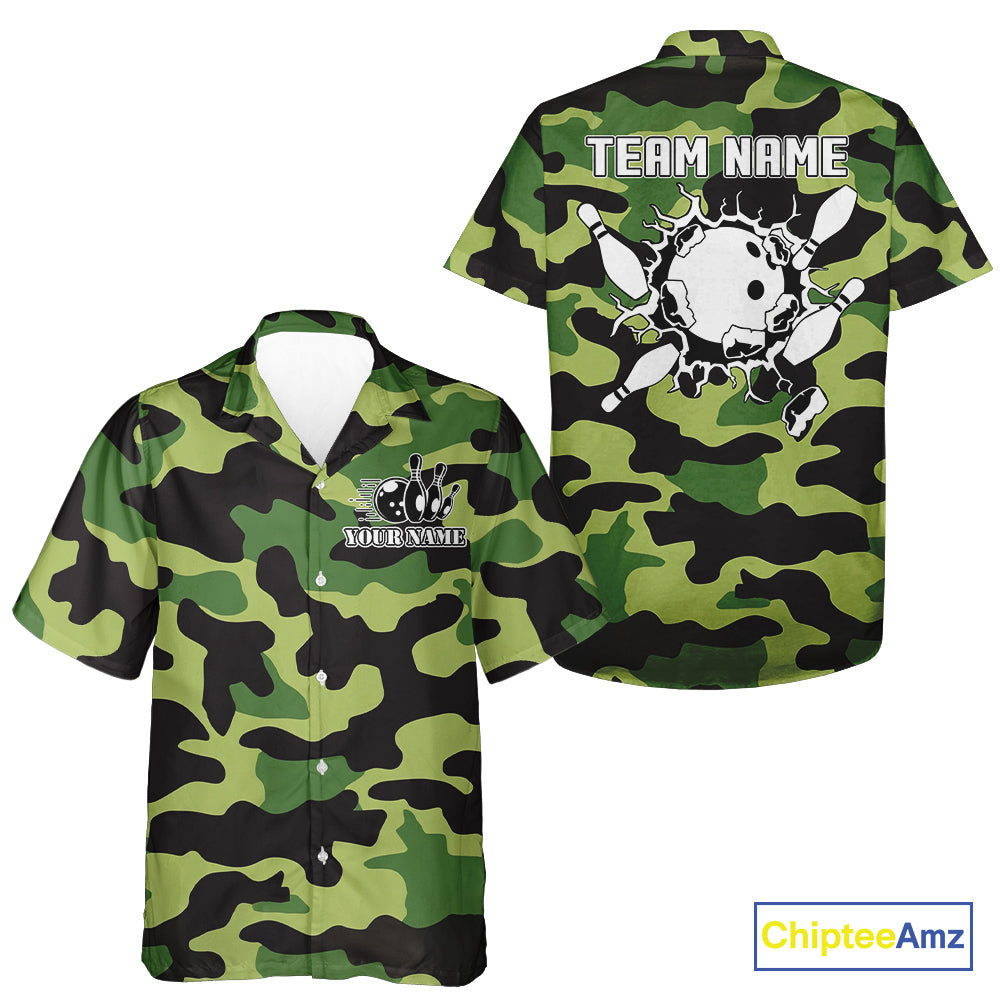 Bowling Hawaiian Shirt Custom bowling ball and pins Green camo Bowling Team Button up shirt NQS10890