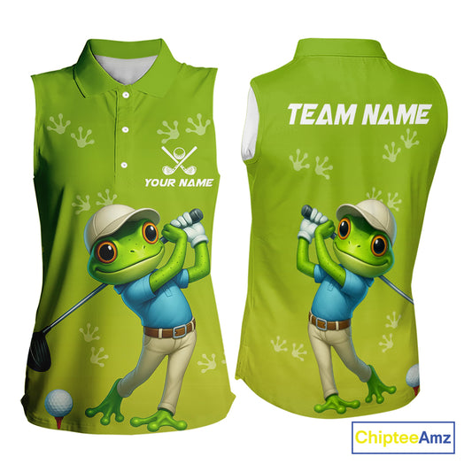 Funny Frog Sleeveless Golf polo shirt for Women Custom Green ladies golf top, personalized golf gifts NQS11280
