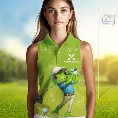 Funny Frog Sleeveless Golf polo shirt for Women Custom Green ladies golf top, personalized golf gifts NQS11280