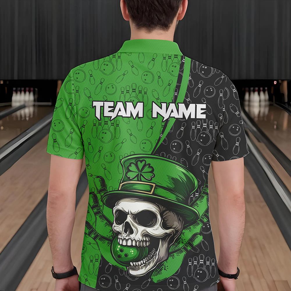 Personalized Black and Green Camo Skull Bowling Shirts For Men Custom St Patrick Team Bowling Jersey NQS9564