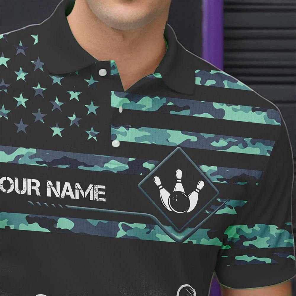 Personalized Turquoise camo American flag Custom Bowling Team Shirts For Mens, Bowling League Jersey NQS9725