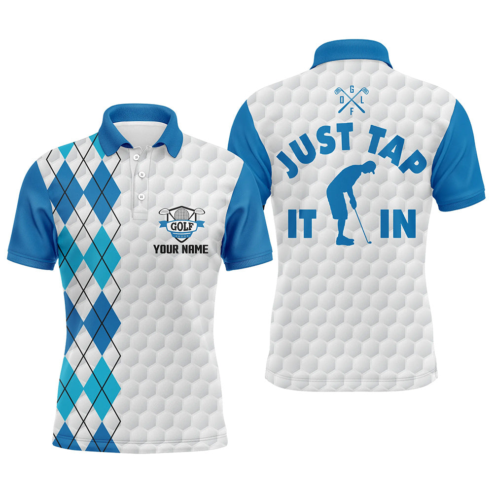 White golf shirt mens custom name Just tap it in blue argyle pattern team mens polo golf shirts NQS6157