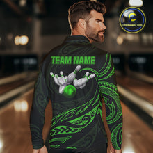 Load image into Gallery viewer, Black and Green Tribal Pattern Bowling Polo, Quarter Zip shirts For Men Custom Team Bowling Jerseys NQS10484