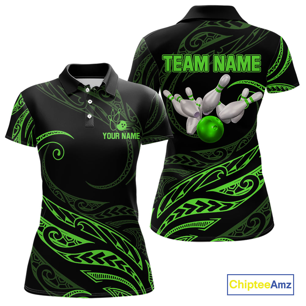 Black and Green Tribal Pattern Bowling Polo, Quarter Zip shirts For Women Custom Team Bowling Jerseys NQS10484