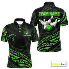 Load image into Gallery viewer, Black and Green Tribal Pattern Bowling Polo, Quarter Zip shirts For Men Custom Team Bowling Jerseys NQS10484