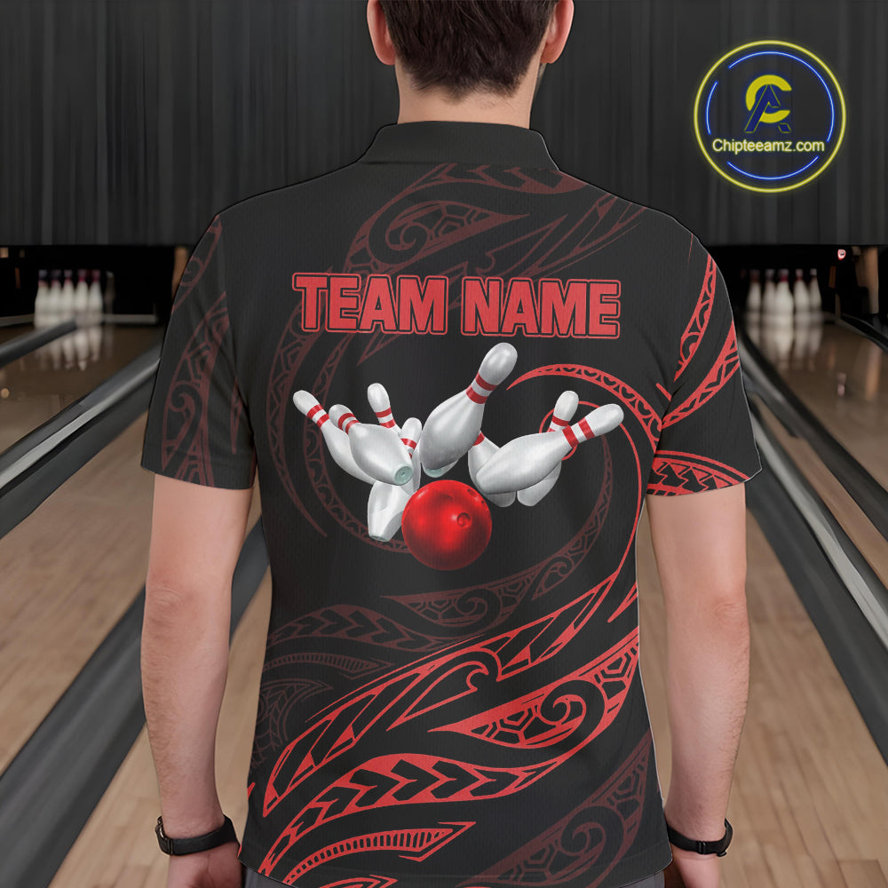 Black and Red Tribal Pattern Bowling Polo, Quarter Zip shirts For Men Custom Team Bowling Jerseys NQS10485