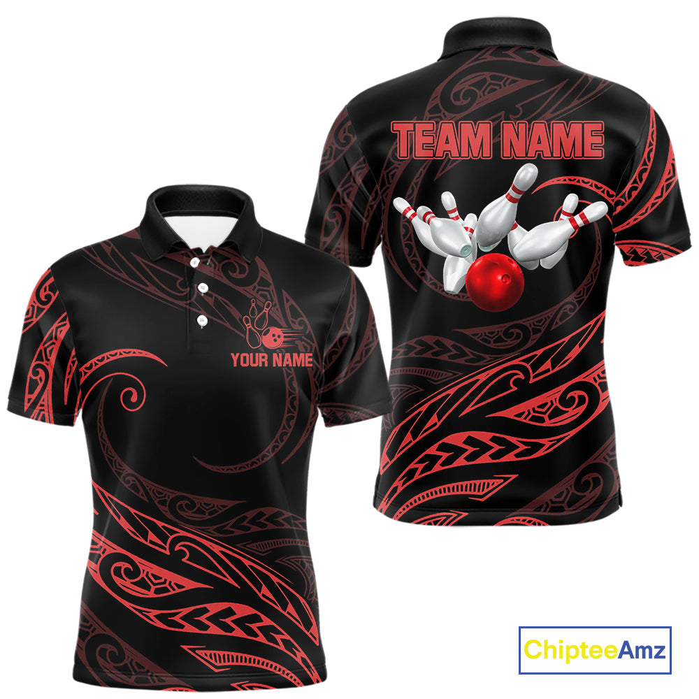 Black and Red Tribal Pattern Bowling Polo, Quarter Zip shirts For Men Custom Team Bowling Jerseys NQS10485