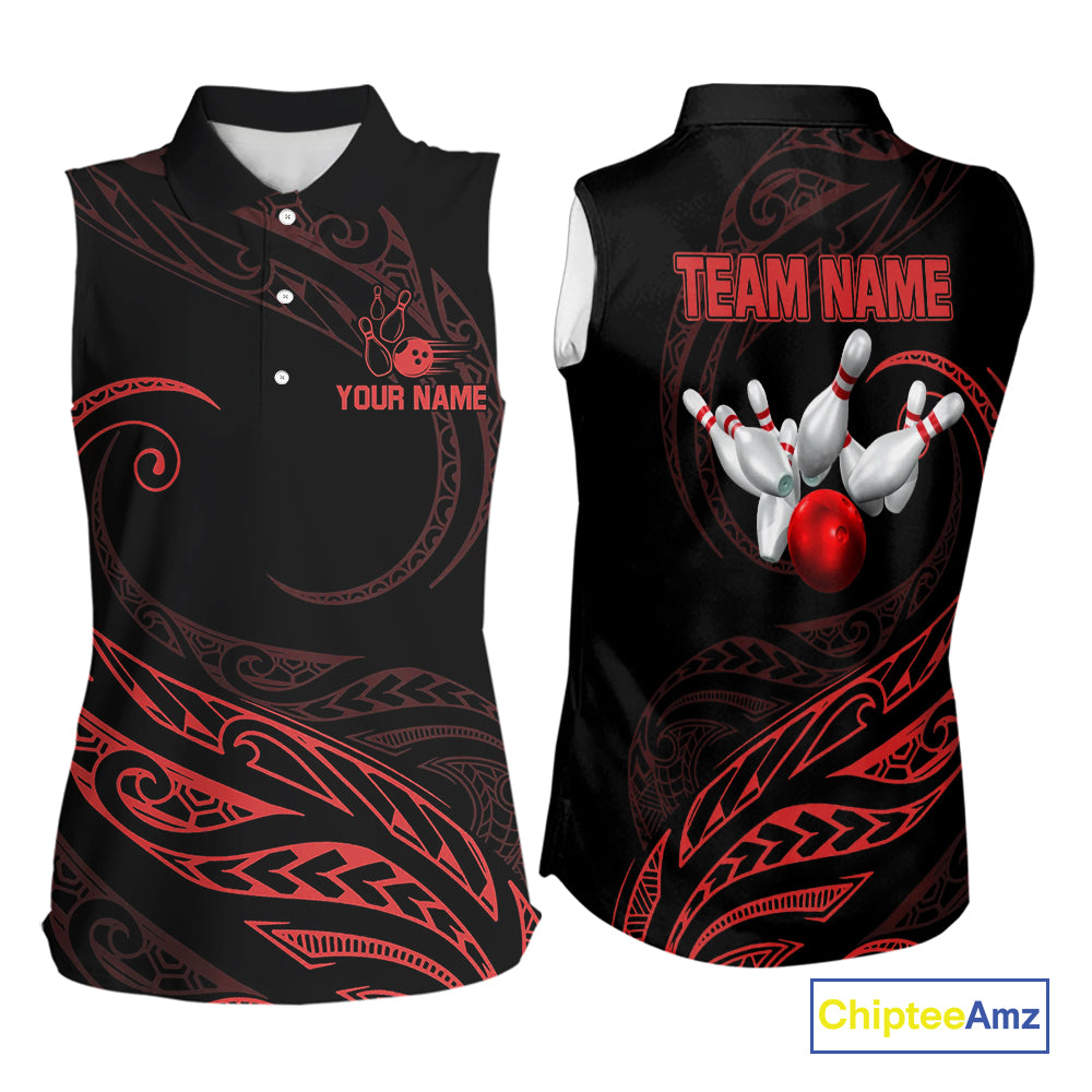 Black and Red Tribal Pattern Bowling Sleeveless Polo shirt Custom Team Bowling Jerseys NQS10485