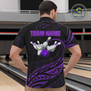 Black and Purple Tribal Pattern Bowling Polo, Quarter Zip shirts For Men Custom Team Bowling Jerseys NQS10486