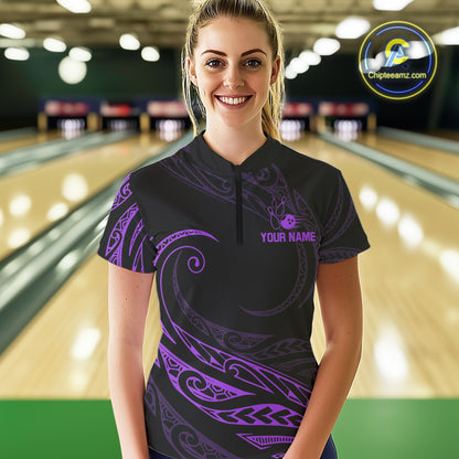 Black and Purple Tribal Pattern Bowling Polo, Quarter Zip shirts For Women Custom Team Bowling Jersey NQS10486