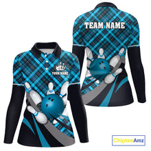 Load image into Gallery viewer, Blue Plaid pattern Bowling shirts For Women Custom Team Bowling Jersey Xmas Gift For Bowlers NQS10493