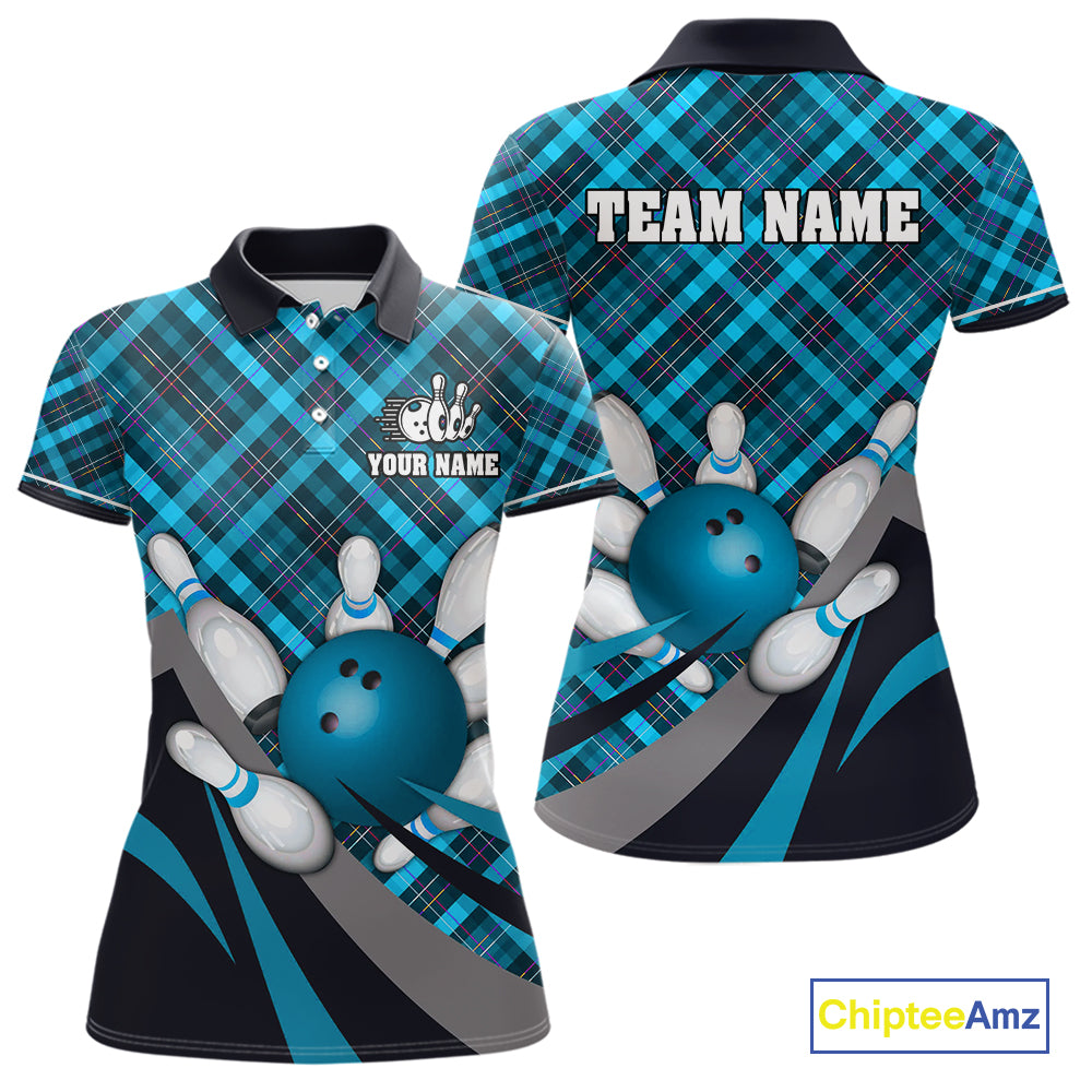 Blue Plaid pattern Bowling shirts For Women Custom Team Bowling Jersey Xmas Gift For Bowlers NQS10493