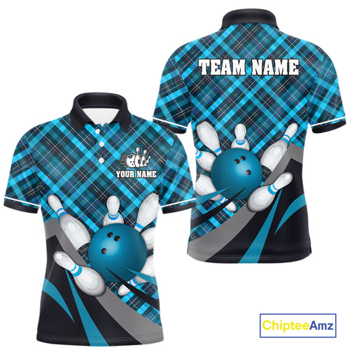 Blue Plaid pattern Bowling shirts For Men Custom Team Bowling Jersey Xmas Gift For Bowlers NQS10493