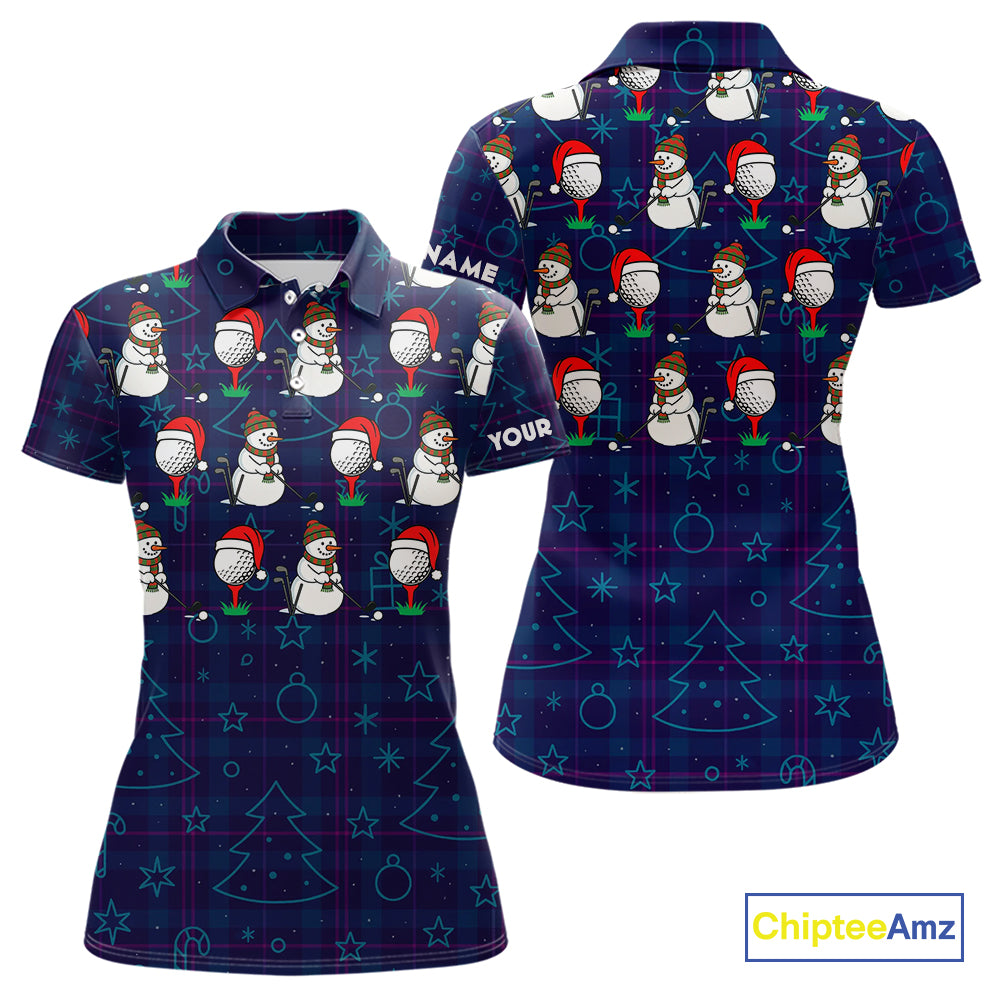 Blue Christmas Plaid pattern snowman Golf Polo Shirts For Women custom Christmas ladies golf attire NQS10902