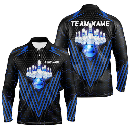Black and Blue Mens Bowling Polo, Quarter zip shirts Custom Team Bowling Jerseys, Bowling uniforms NQS8976